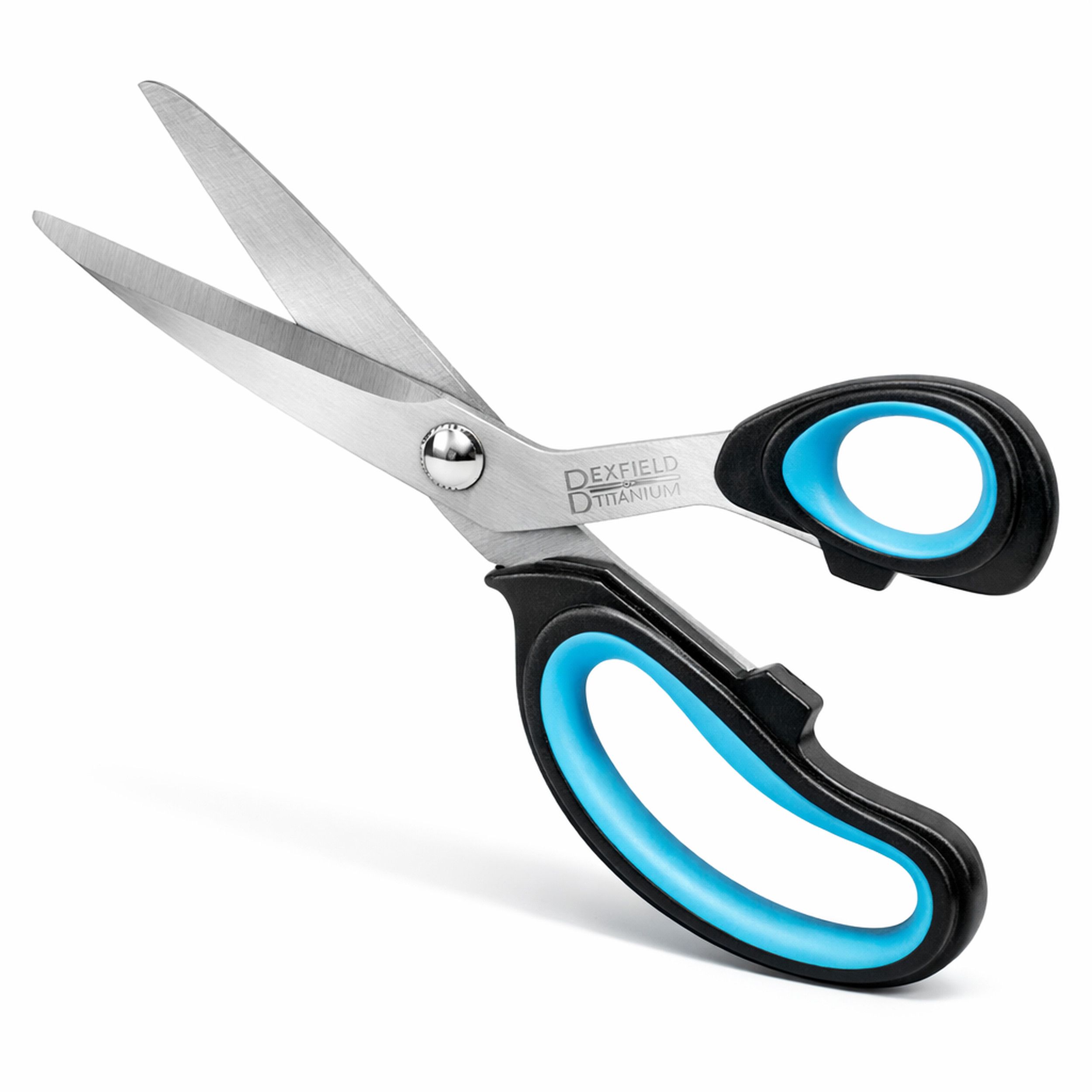Schere mit schwarzem Griff und blauem Ring. Silberne Klingen. Produktname: BEXFIELD TITANIUM.