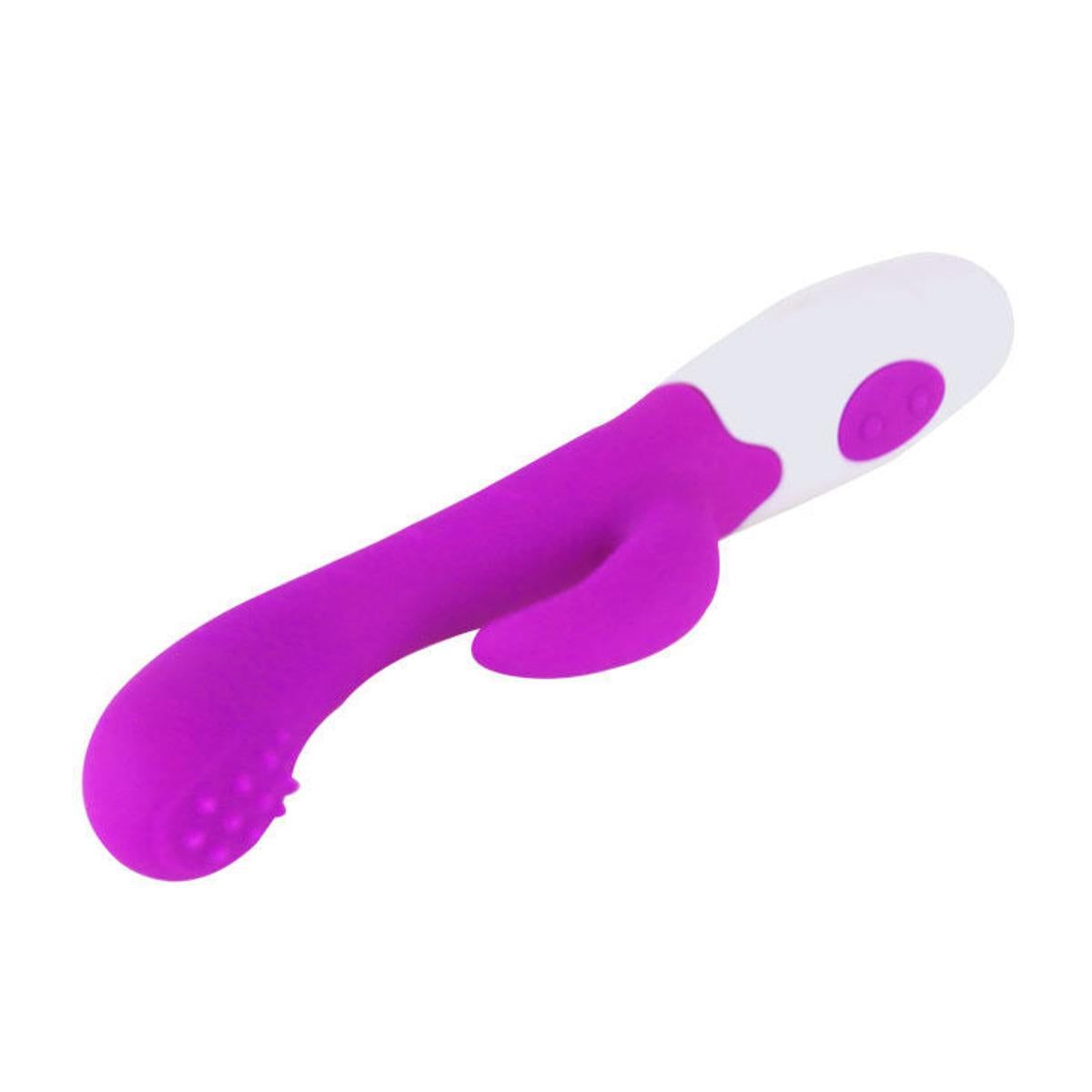 Lila-weißer Vibrator mit gebogener Form und Hasenohren. Knöpfe am Griff. Noppen am Kopf.