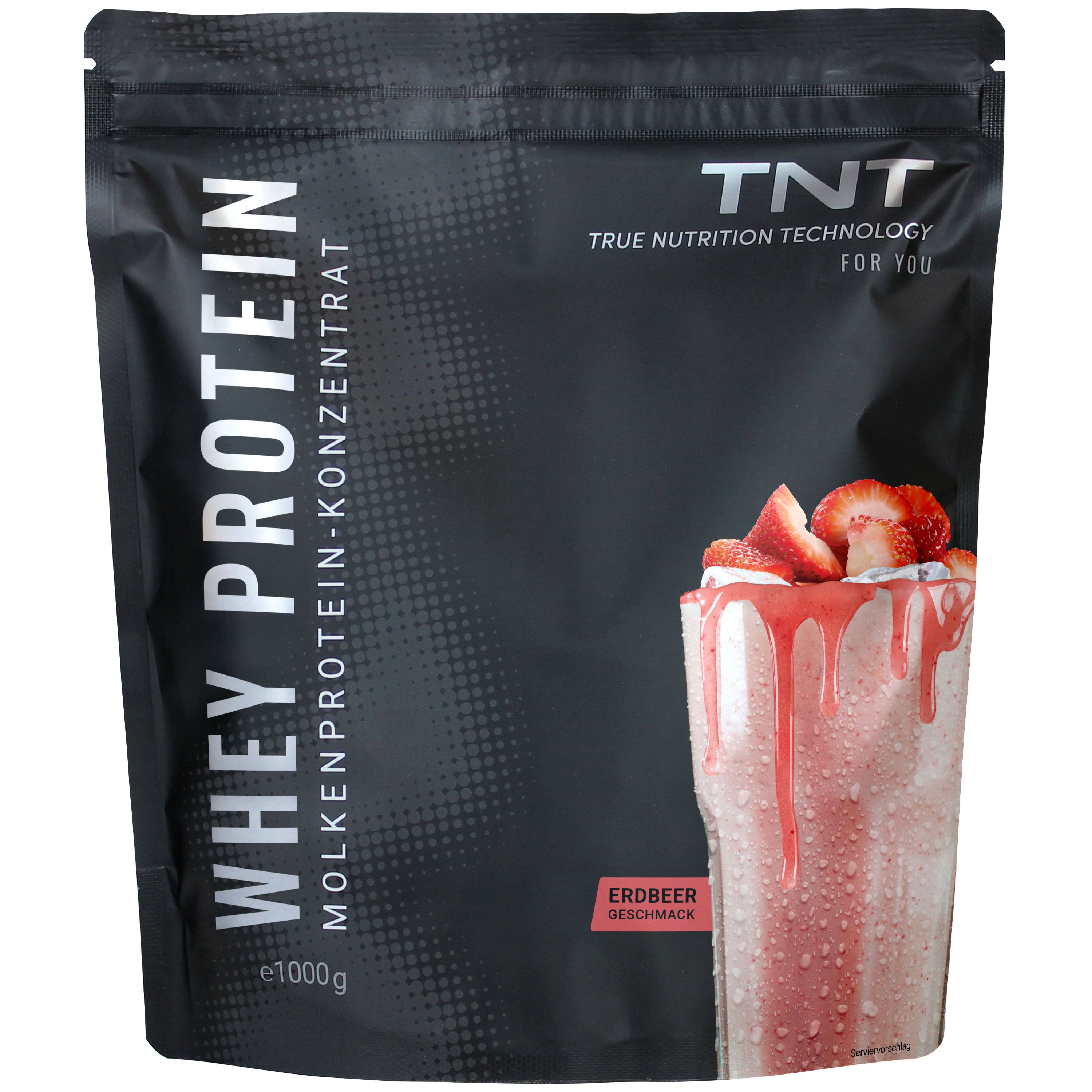 Schwarze Tüte mit TNT Whey Protein Konzentrat. Abgebildet ist ein Erdbeer-Shake. Aufschrift: Erdbeer Geschmack.