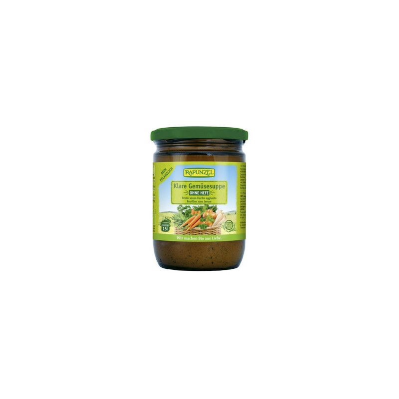 Glas mit Rapunzel Klare Gemüsesuppe. Grüner Deckel, Etikett mit Gemüseabbildung und Schriftzug.