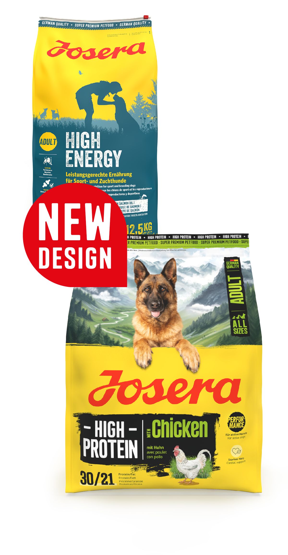 Zwei Säcke Josera Hundefutter: High Protein Huhn und High Energy, mit "New Design"-Aufkleber.