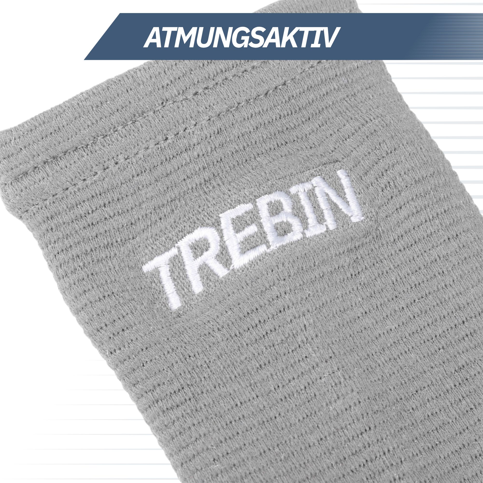 Graues, atmungsaktives Fußgelenkband mit weißem "TREBIN"-Schriftzug.