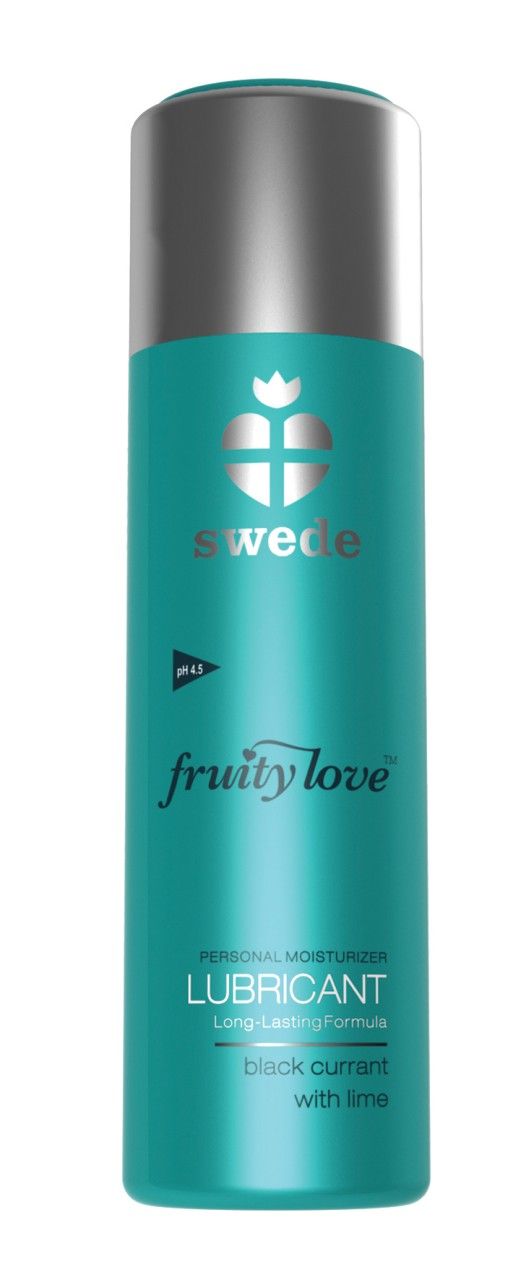 Eine türkisfarbene Flasche mit silbernem Deckel. Aufschrift: Swede, Fruity Love, pH 4.5, Personal Moisturizer, Lubricant.