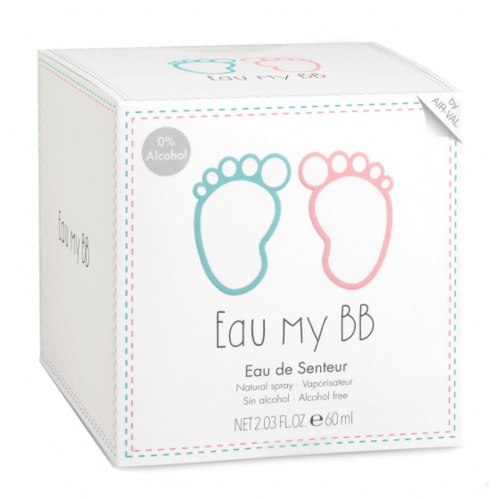 Weiße Verpackung mit rosa und blauen Fußabdrücken. Text: Eau My BB, Eau de Senteur, Natural spray, ohne Alkohol. 0% Alkohol.