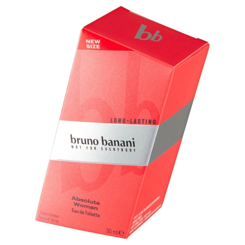 Rote Verpackung mit "Bruno Banani"-Logo und Produktbezeichnung. "Absolute Woman" und "Eau de Toilette" sind sichtbar. "New Size" und "30 ml" sind ebenfalls angegeben.