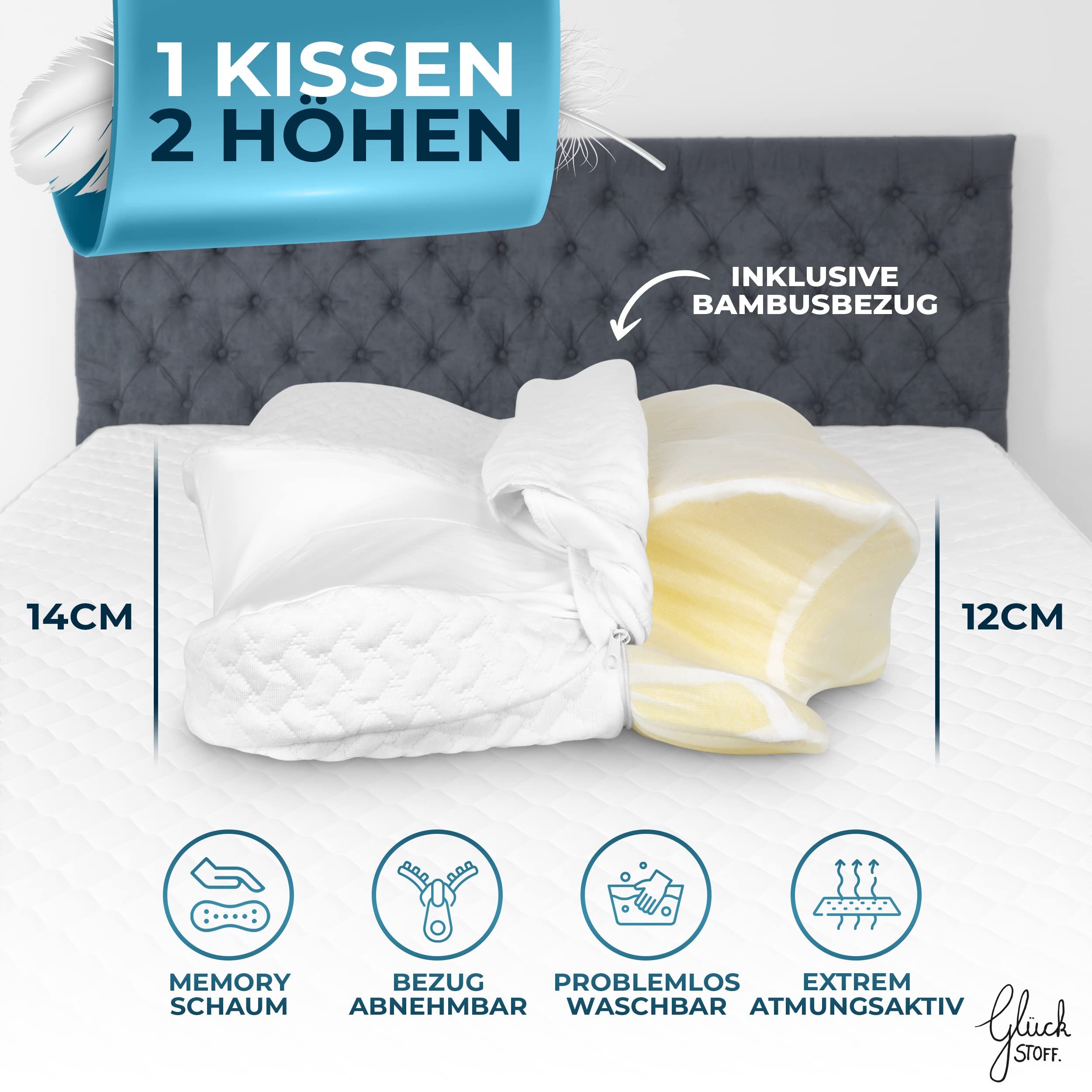 Orthopädisches Kissen mit Memory-Schaum und Bambusbezug. 14 cm und 12 cm hoch. Bezug abnehmbar und waschbar.