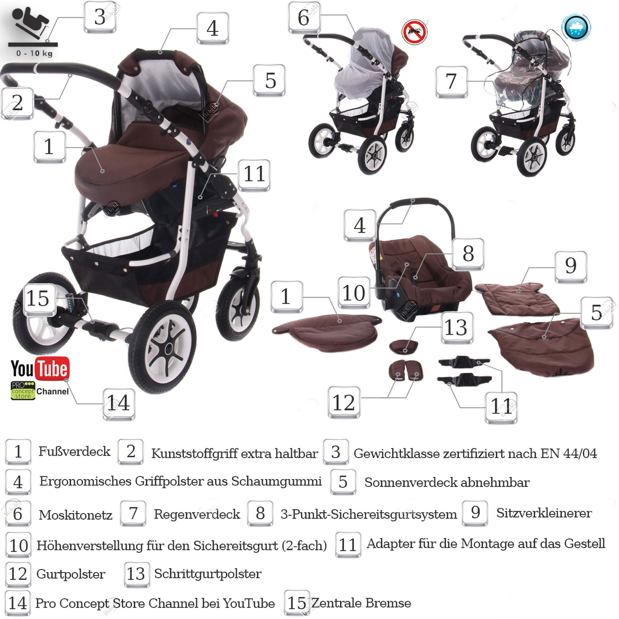 Bebebi Bellami 3 in 1 Kinderwagen Set Luftreifen, Bellachoco