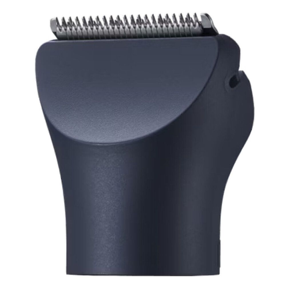 Dunkelblauer Schneidekopf für Haarschneider. Metallklingen oben. Gehäuse mit ergonomischer Form.