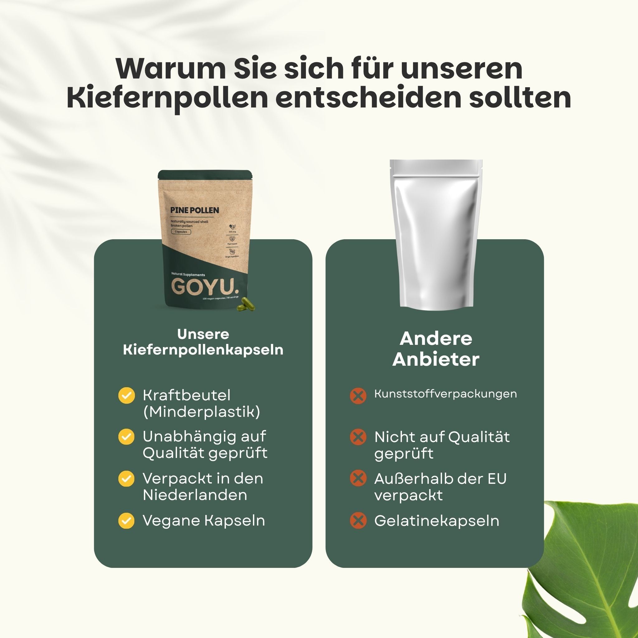 Vergleich: Unsere Kiefernpollenkapseln (Kraftbeutel, geprüft, Niederlande, vegan) vs. Andere Anbieter (Plastik, ungeprüft, außerhalb EU, Gelatine).