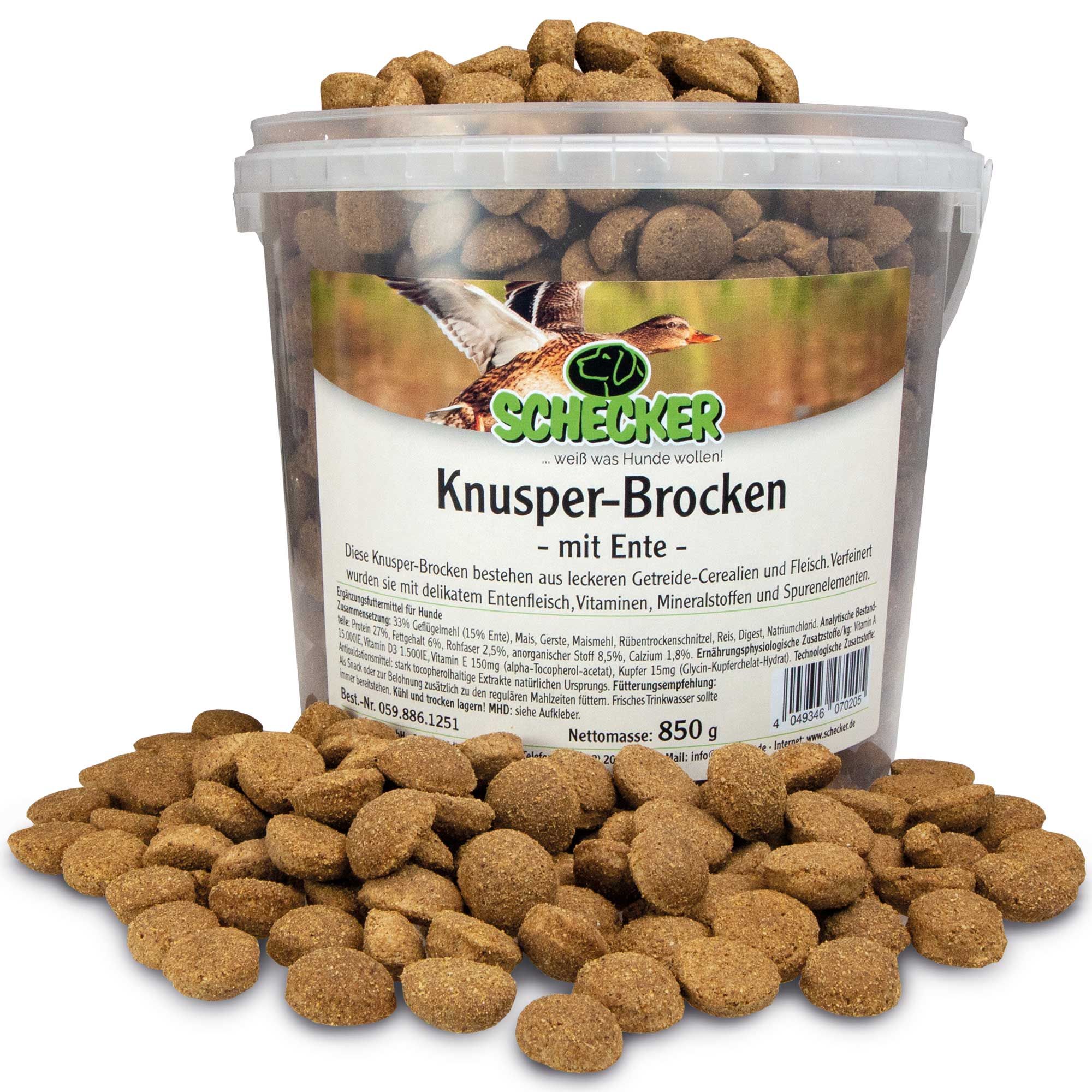 Eimer Knusper-Brocken mit Ente, gefüllt und daneben. Produktinformationen und Logo auf dem Eimer.