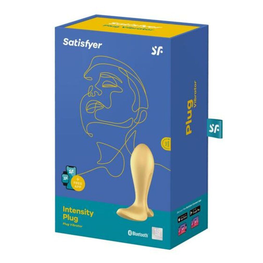 Blauer Karton. Aufschrift: Satisfyer, Intensity Plug. Goldfarbener Plug abgebildet. Bluetooth-Logo.