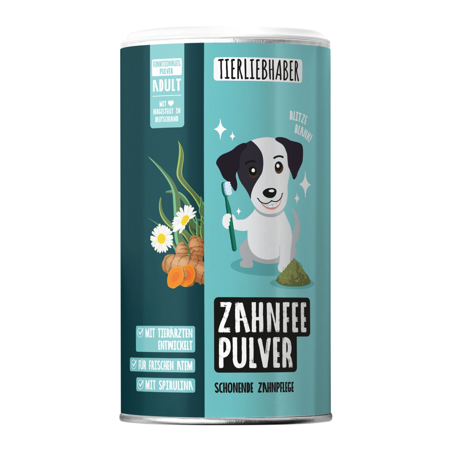 Dose Tierliebhaber Zahnfee Pulver mit Hund und Kräutern.