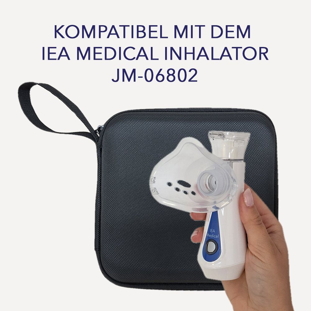 Inhalationsgerät mit Maske in schwarzem Etui. Aufschrift: KOMPATIBEL MIT DEM IEA MEDICAL INHALATOR JM-06802.