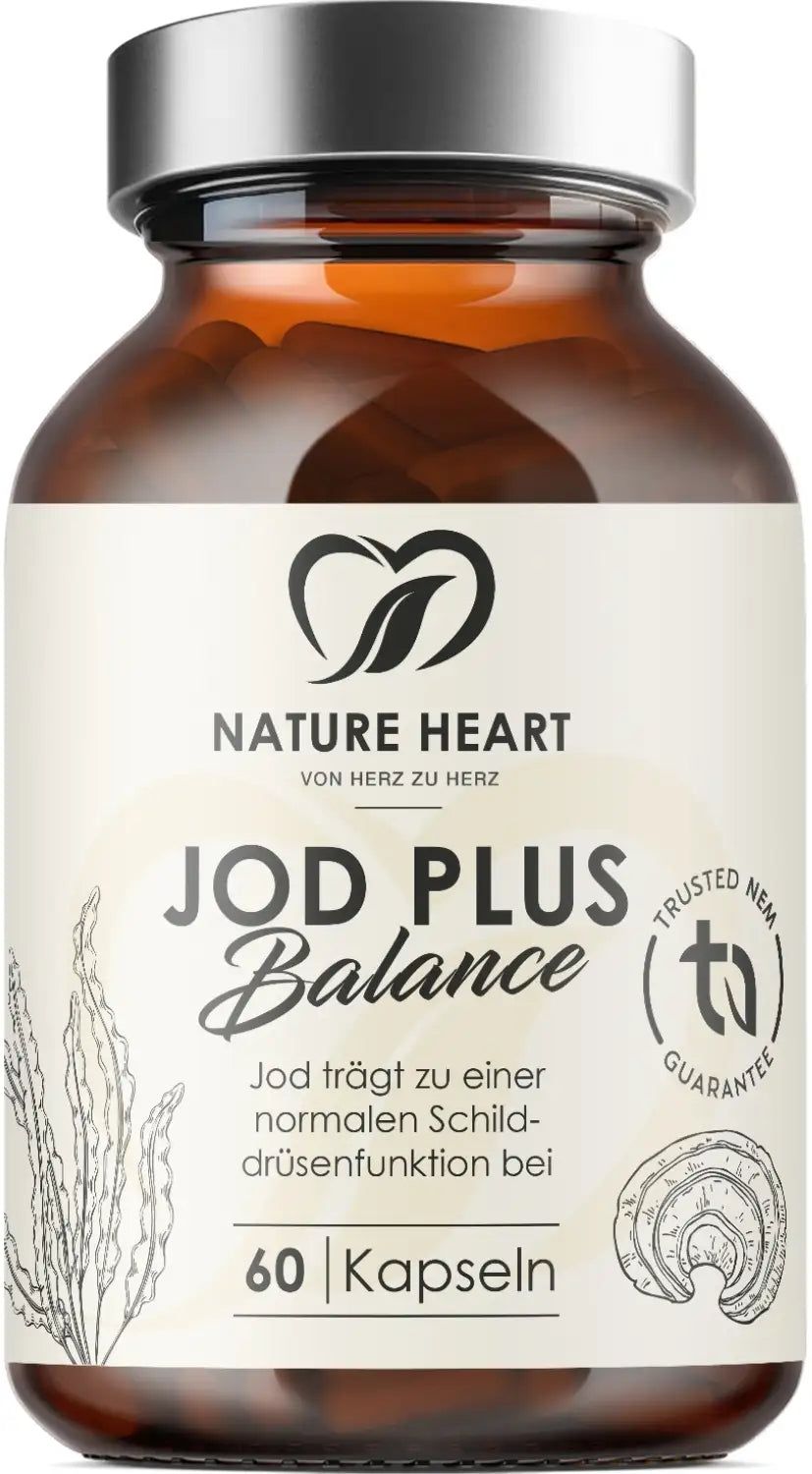 Braune Glasflasche mit Kapseln. Aufschrift: Jod Plus Balance, 60 Kapseln. Logo: Nature Heart. TÜV-Siegel.
