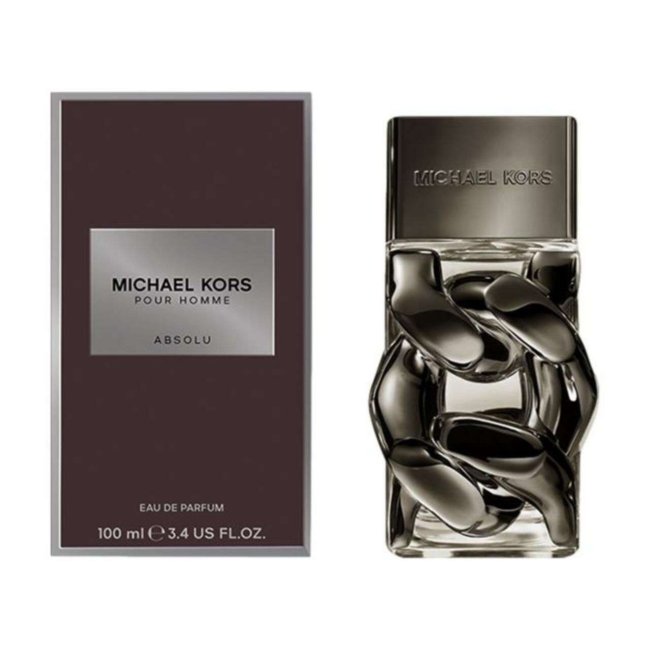 Flakon und Verpackung von Michael Kors Pour Homme Absolu. Flakon mit silberfarbenem Verschluss und Kette. Verpackung mit Logo und Produktbezeichnung.