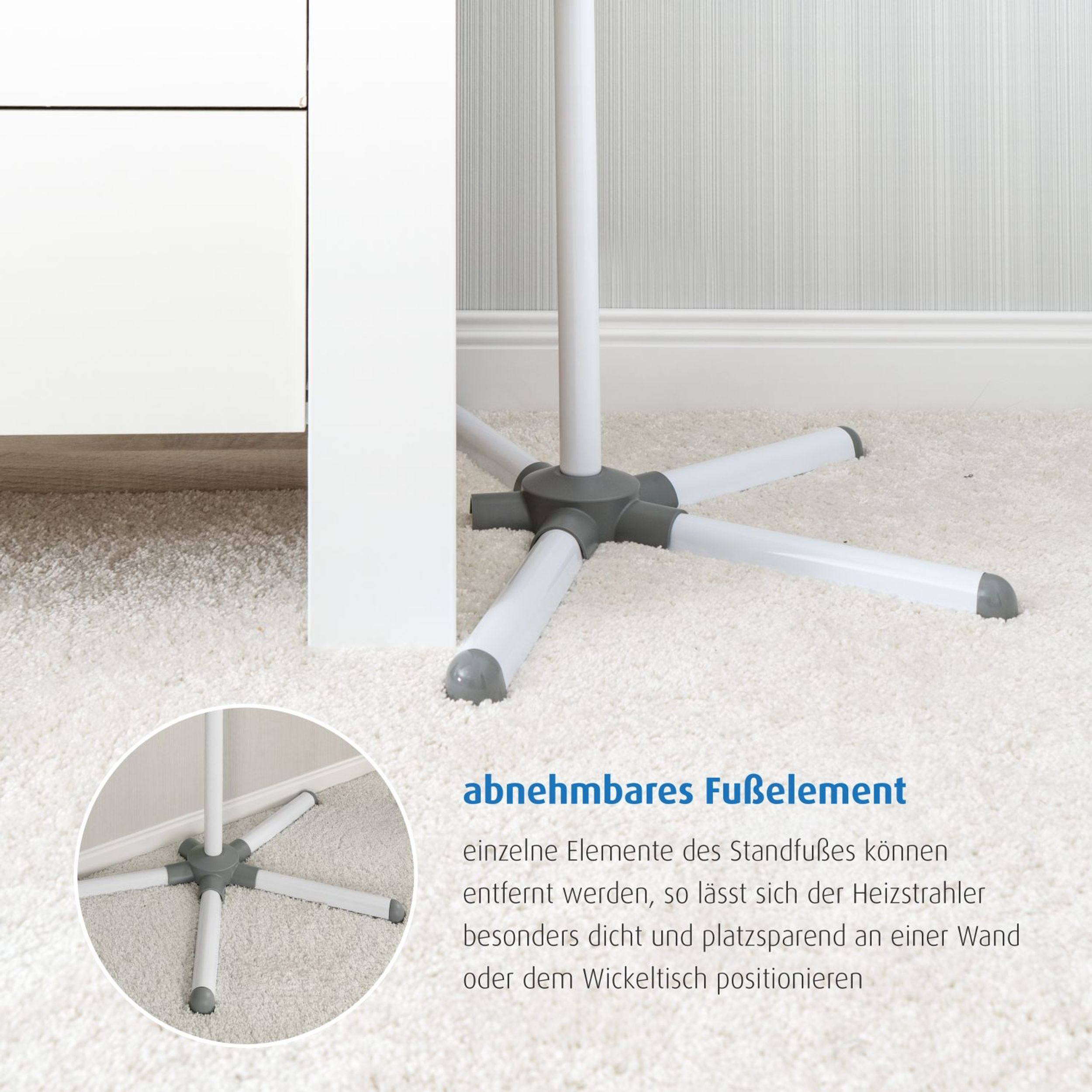 Standheizstrahler mit verstellbarem Kopf und Teleskopstange, abnehmbarem Fuß.