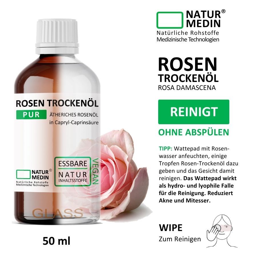 Glasflasche mit weißem Deckel. Etikett mit Produktnamen und Logo. Rose daneben. Text: NATURMEDIN, ROSEN TROCKENÖL, REINIGT, OHNE ABSPÜLEN, WIPE.