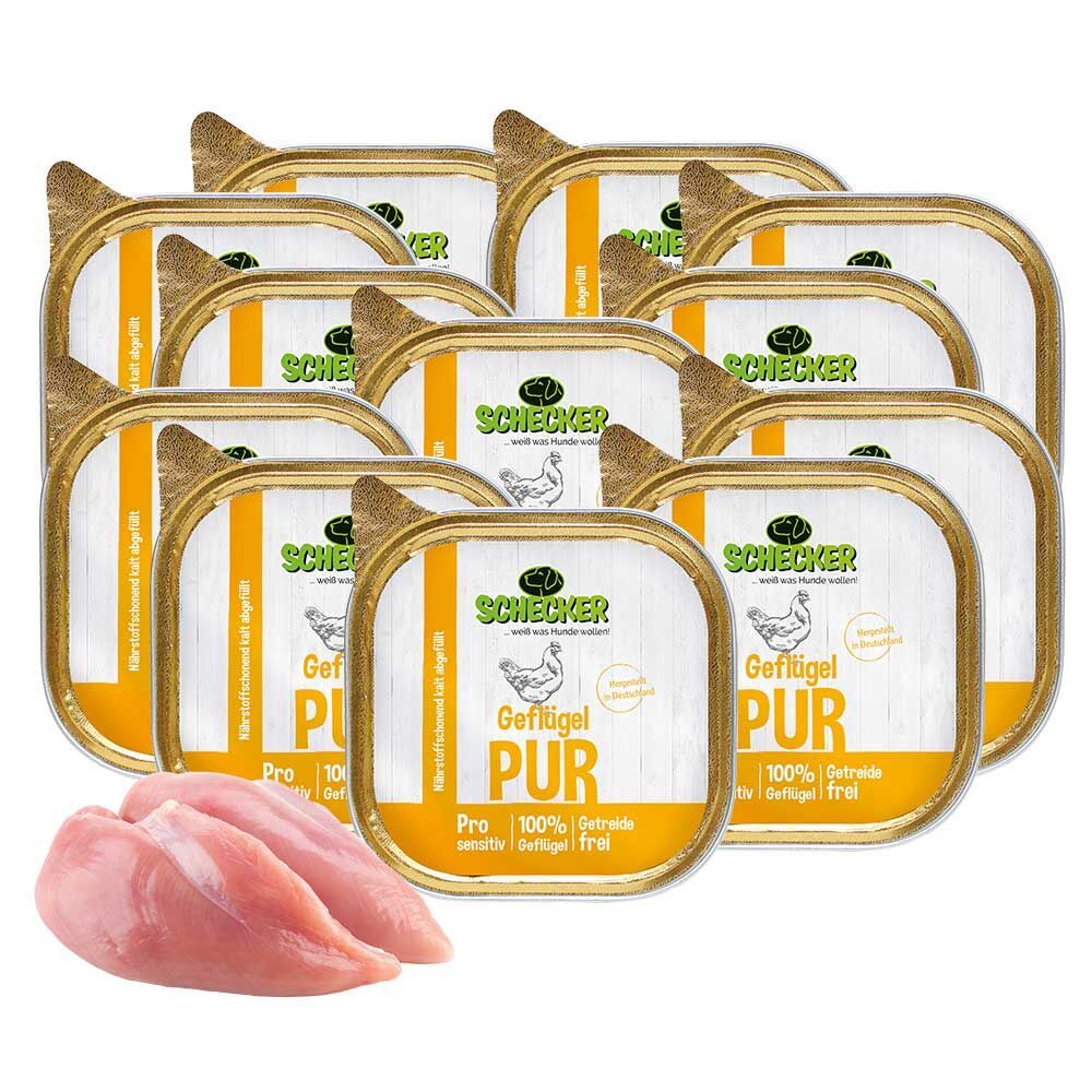 Mehrere Schälchen mit Geflügel-PUR-Futter, daneben rohes Hühnerfleisch. Aufschrift: Schecker, Geflügel PUR, getreidefrei.
