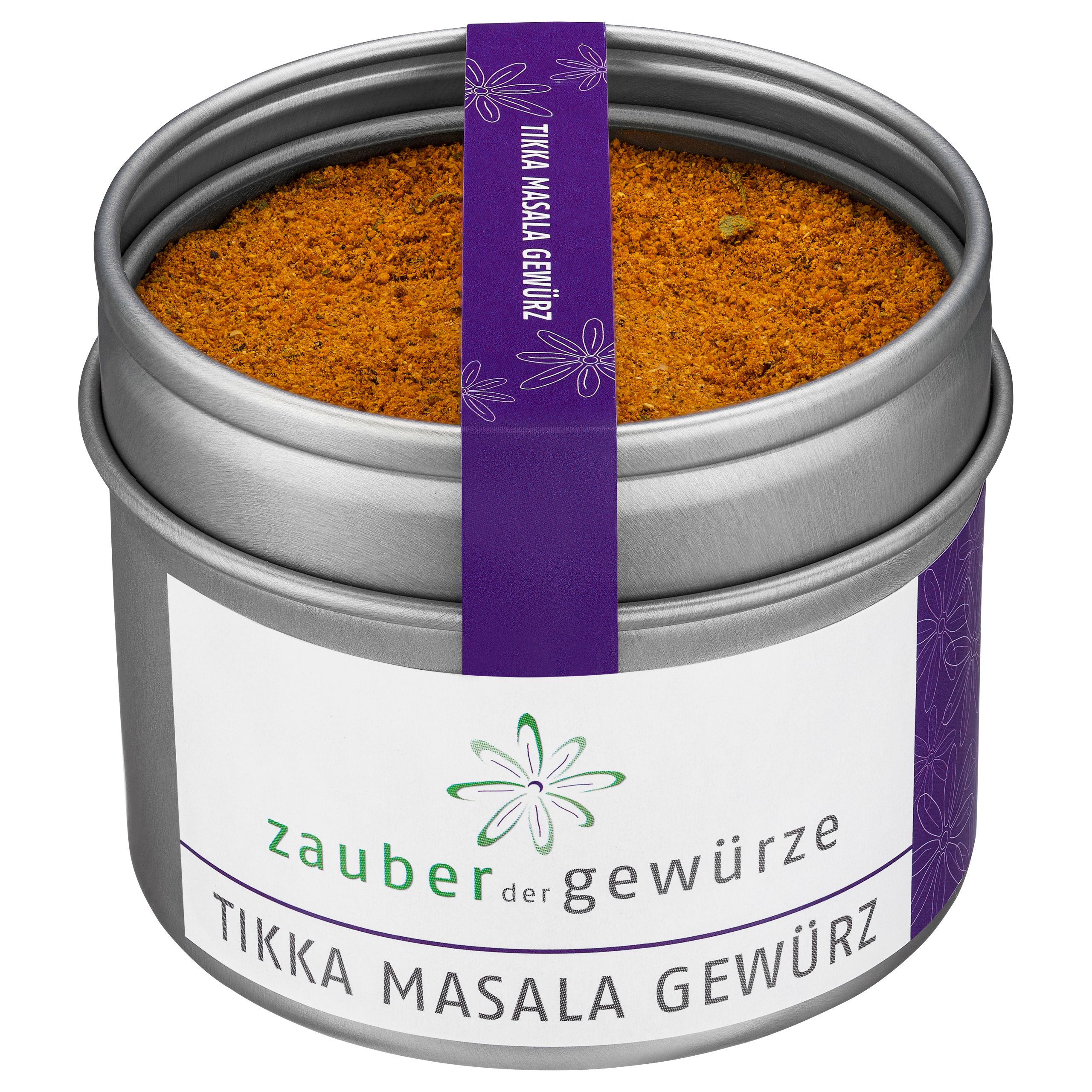 Runde Dose mit Tikka Masala Gewürz. Weißes Etikett mit Logo und Schriftzug. Lila Band mit Produktname. Silberfarbener Deckel.