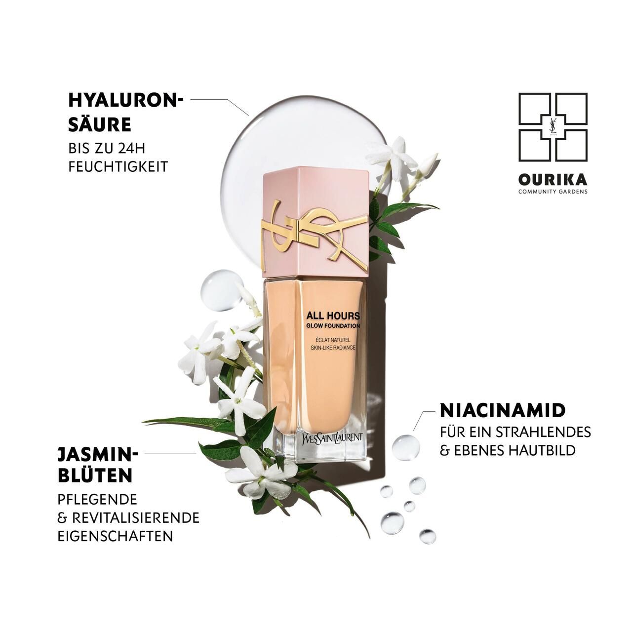 Foundation-Flakon mit Blüten und Inhaltsstoff-Hinweisen. Aufschrift: ALL HOURS GLOW. Inhaltsstoffe: Hyaluronsäure, Jasminblüten, Niacinamid.