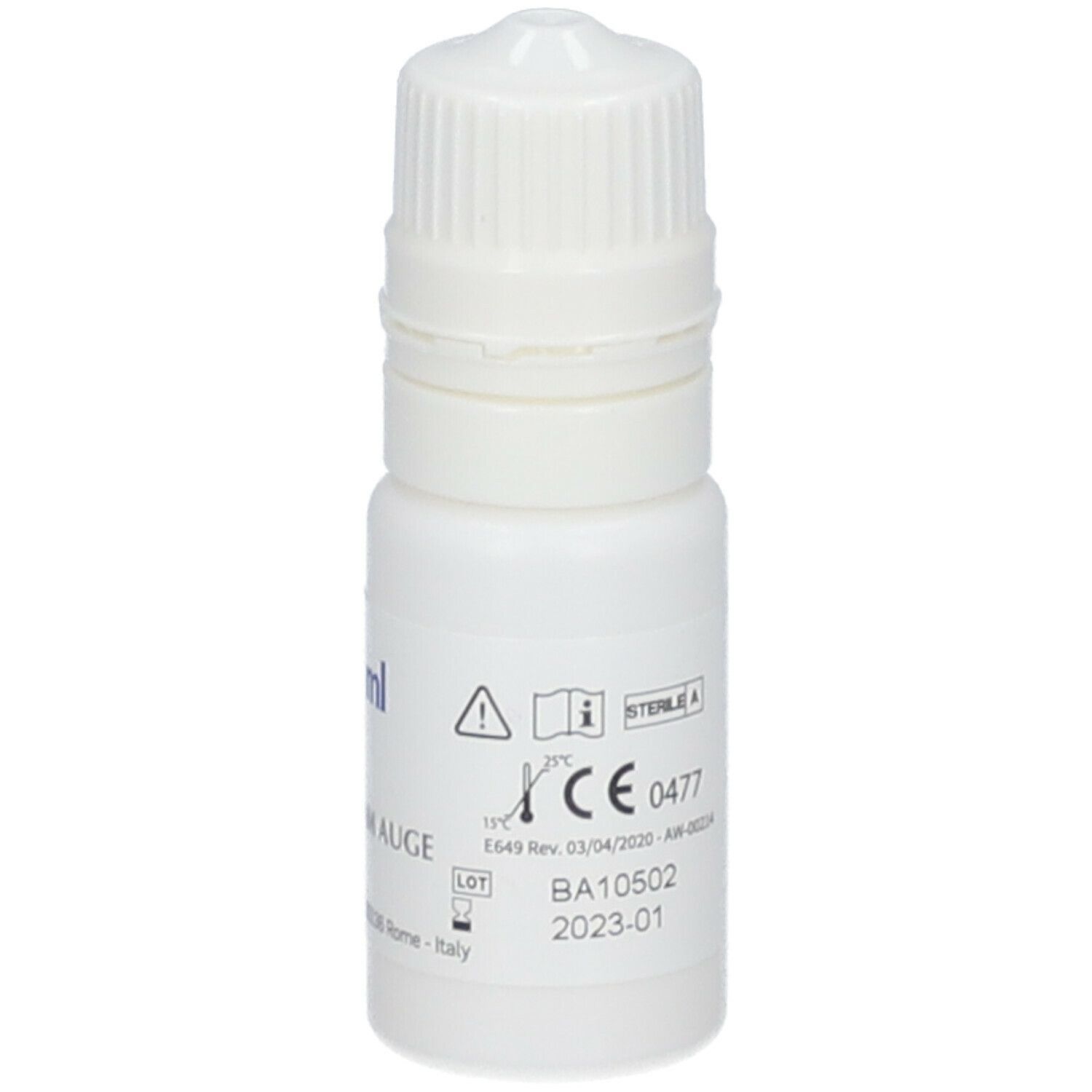 Weiße Flasche mit VisuEVO-Aufschrift. Ophthalmic Solution. Tropfflasche mit weißem Verschluss.