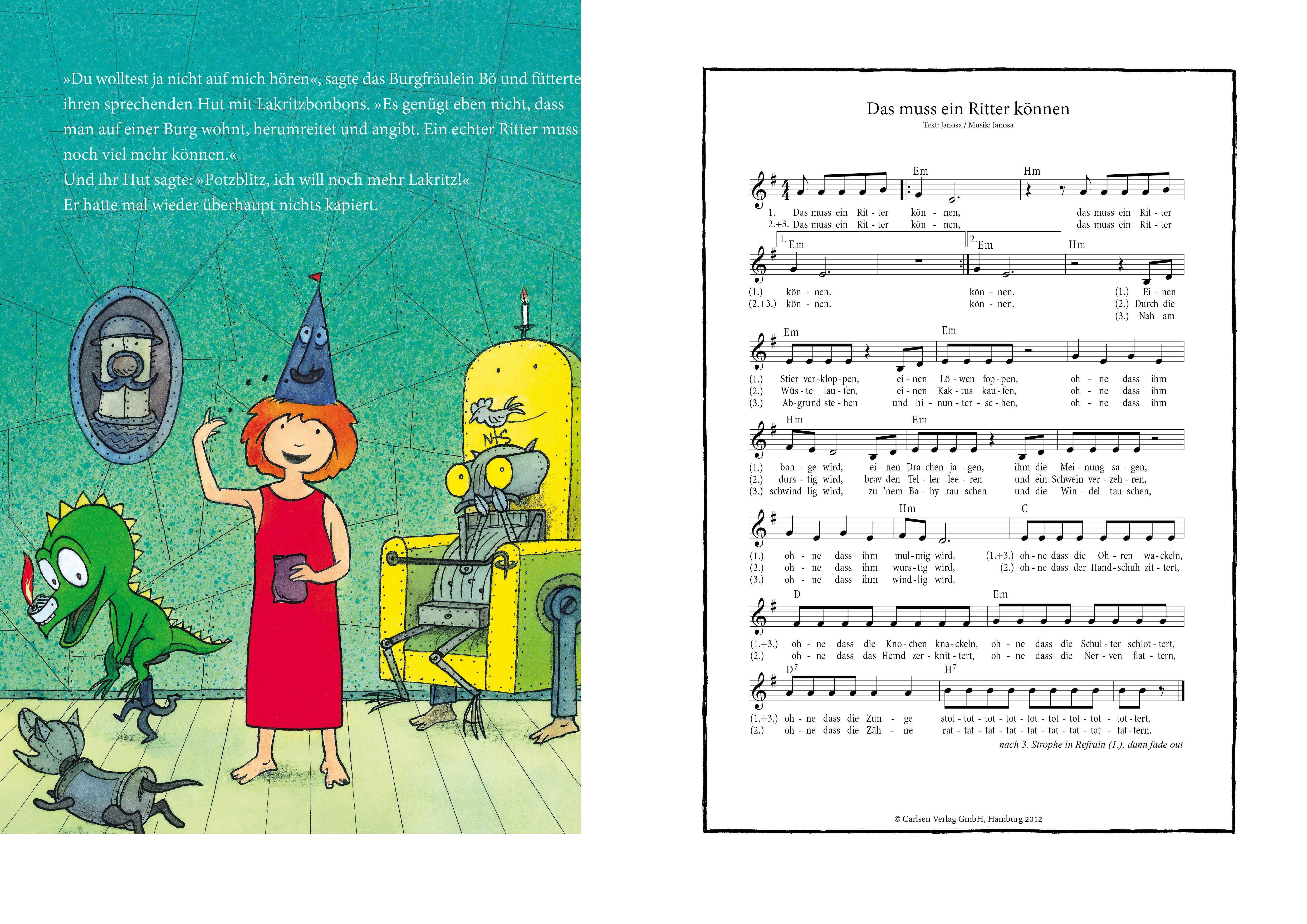 Doppelseite aus einem Buch. Links: Illustration mit Figuren. Rechts: Notenblatt mit Text. Schwarze Schrift auf weißem Hintergrund.