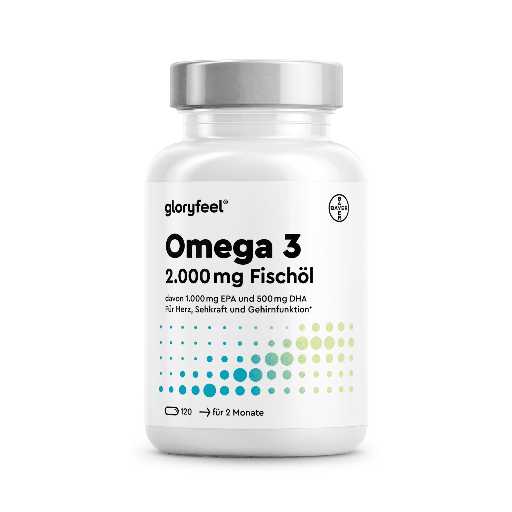 Produktabbildung: Weiße Flasche mit gloryfeel Omega 3 Kapseln. Aufschrift: Omega 3, 2.000 mg Fischöl.