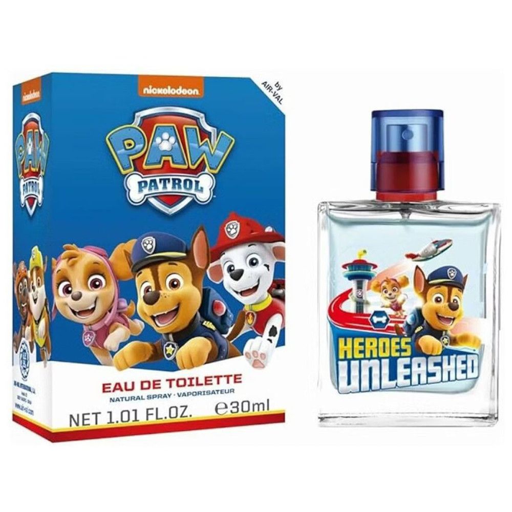 Produktverpackung und Flakon. Verpackung mit Paw Patrol-Figuren und Schriftzug. Flakon mit Paw Patrol-Motiv und 'Heroes Unleashed'.