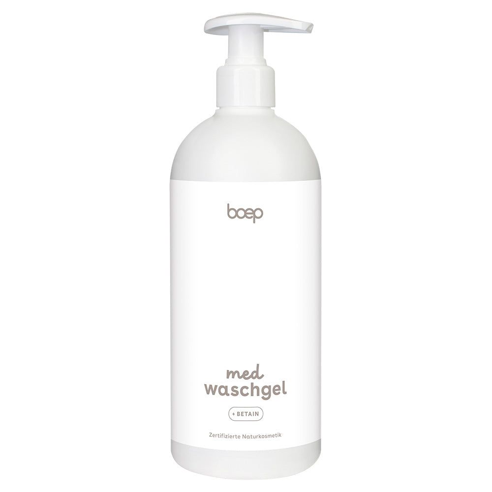 Weiße Flasche mit Pumpe. Aufschrift: boep med. Waschgel + Betain.