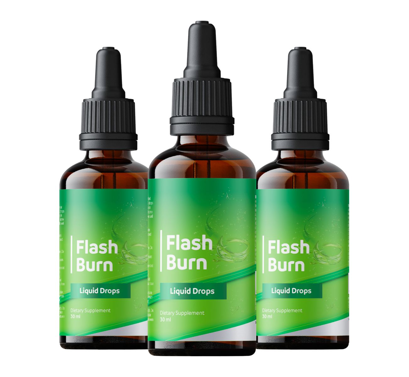 Drei braune Glasflaschen mit schwarzen Deckeln. Grün-weißes Etikett mit "Flash Burn" und "Liquid Drops".