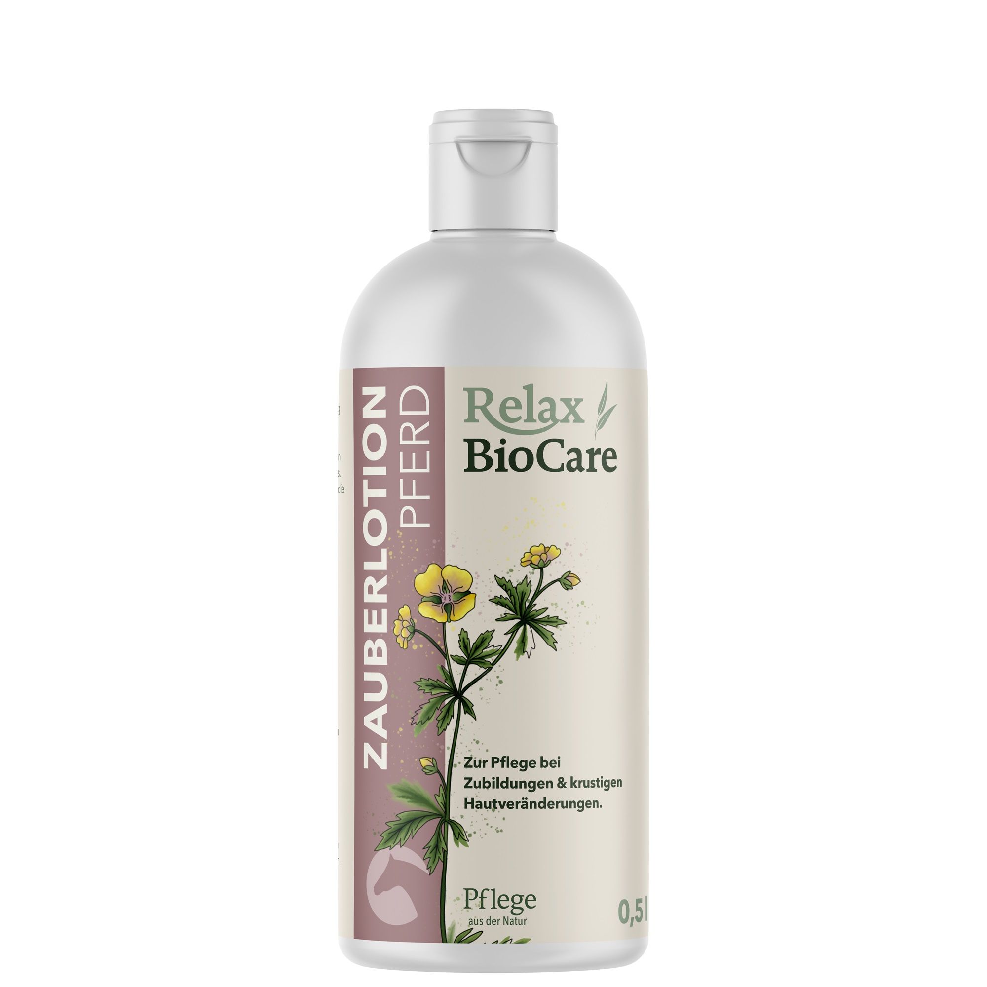 Flasche mit weißem Deckel. Aufschrift Relax BioCare und Zauberlotion Pferd. Illustration einer gelben Blume. Text: Pflege bei Hautveränderungen.