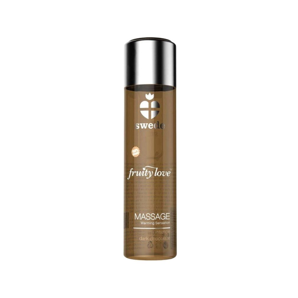 Braune Flasche mit silbernem Deckel. Aufschrift: Swede, fruity love, Massage, dark chocolate.
