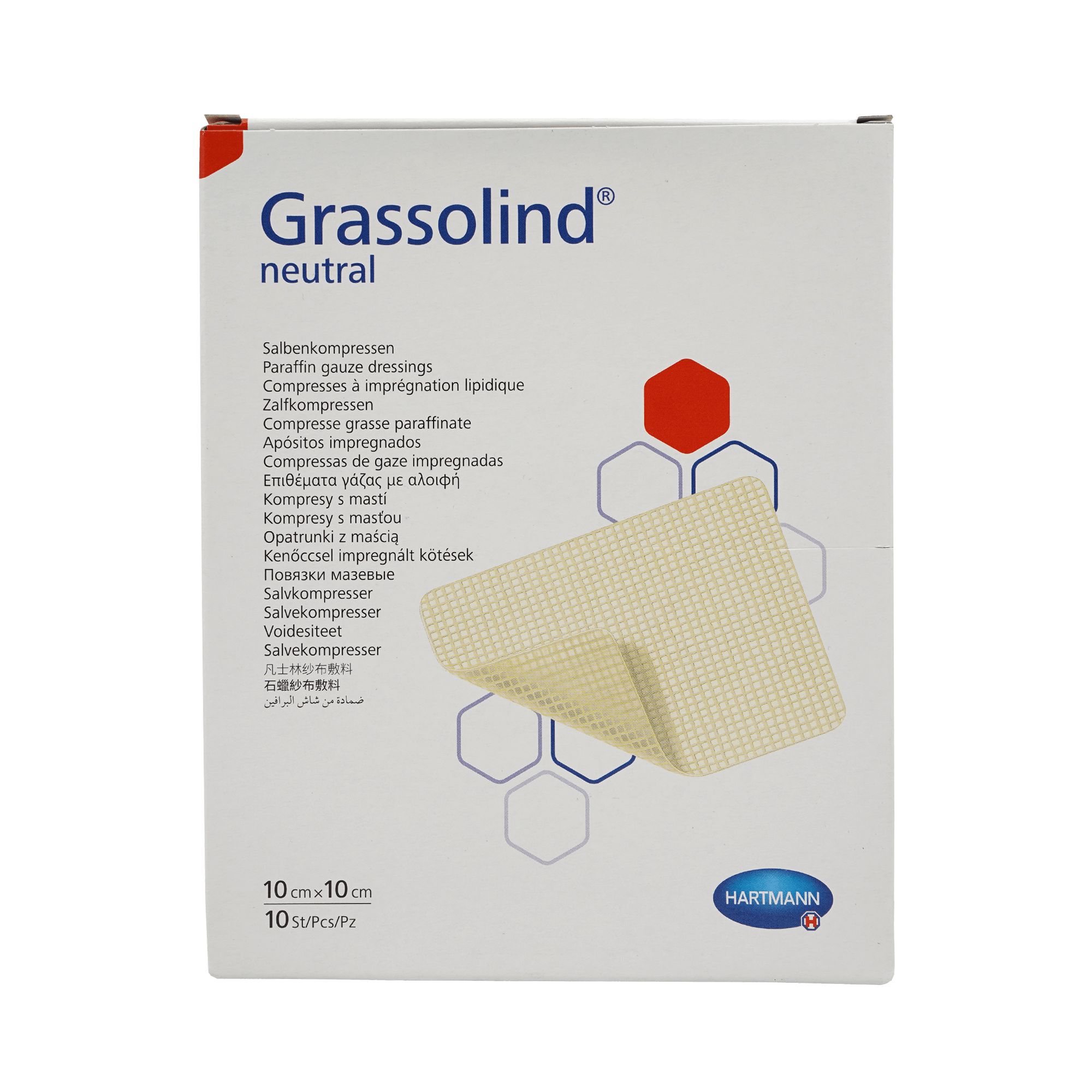 Verpackung von Grassolind neutral Salbenkompressen. Zeigt eine Kompresse. 10 x 10 cm. 10 Stück. Steril.