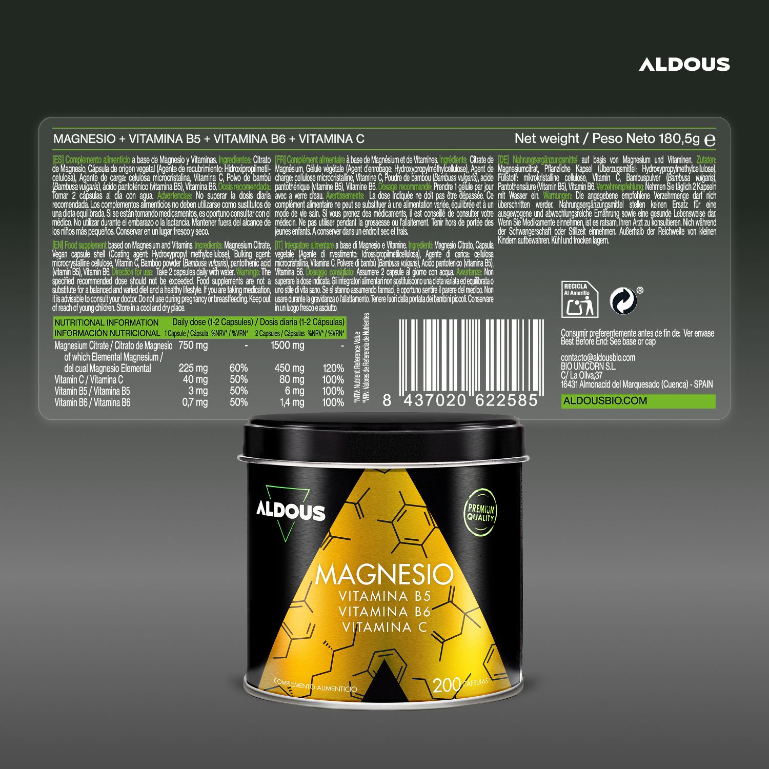 Aldous Magnesio Dose mit Vitaminen, 200 Kapseln, mit Siegel 'Premium Quality'.