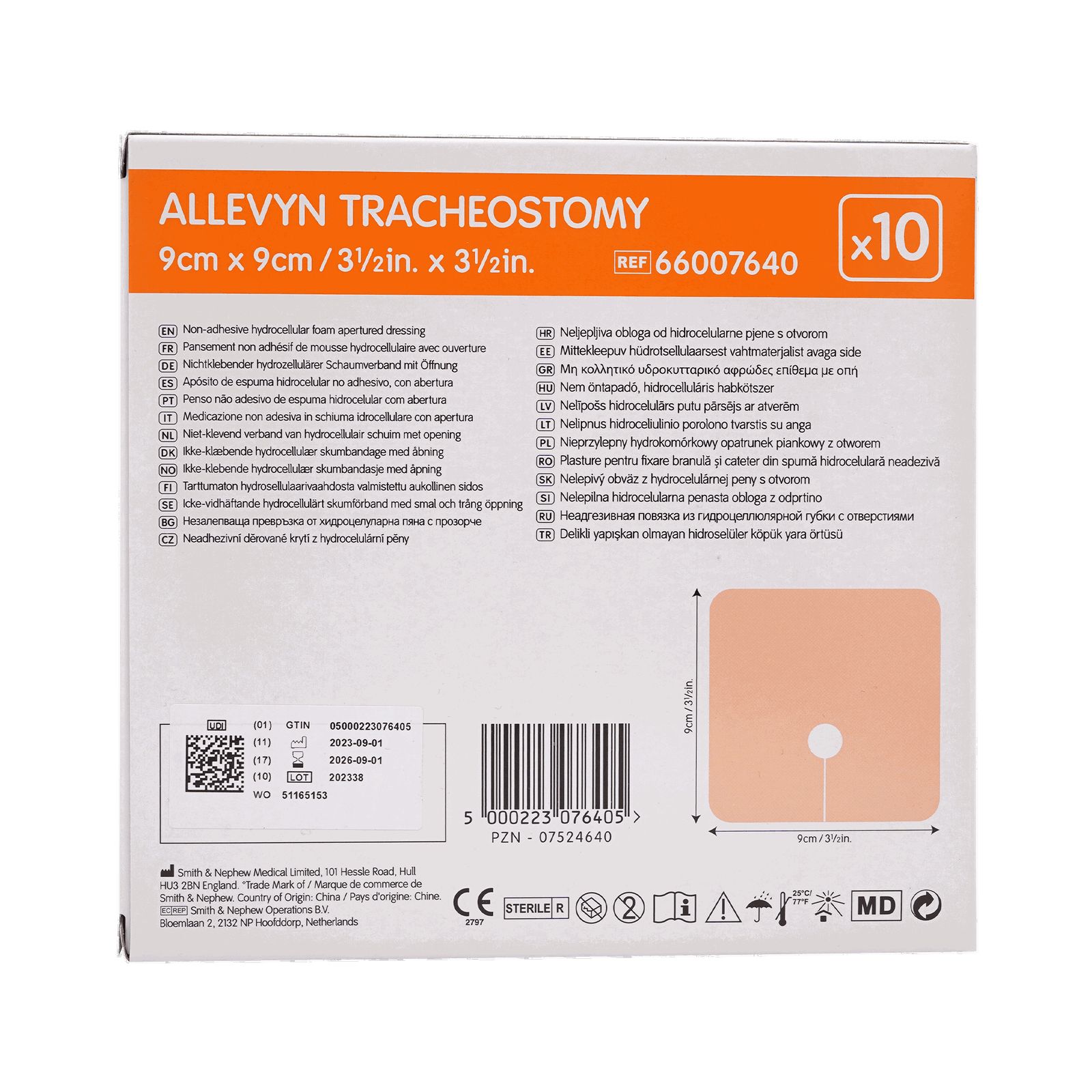 Rückseite der Verpackung von ALLEVYN Tracheostomie Schaumverband steril. Enthält Produktinformationen, Abbildungen und Größenangaben. Steril.