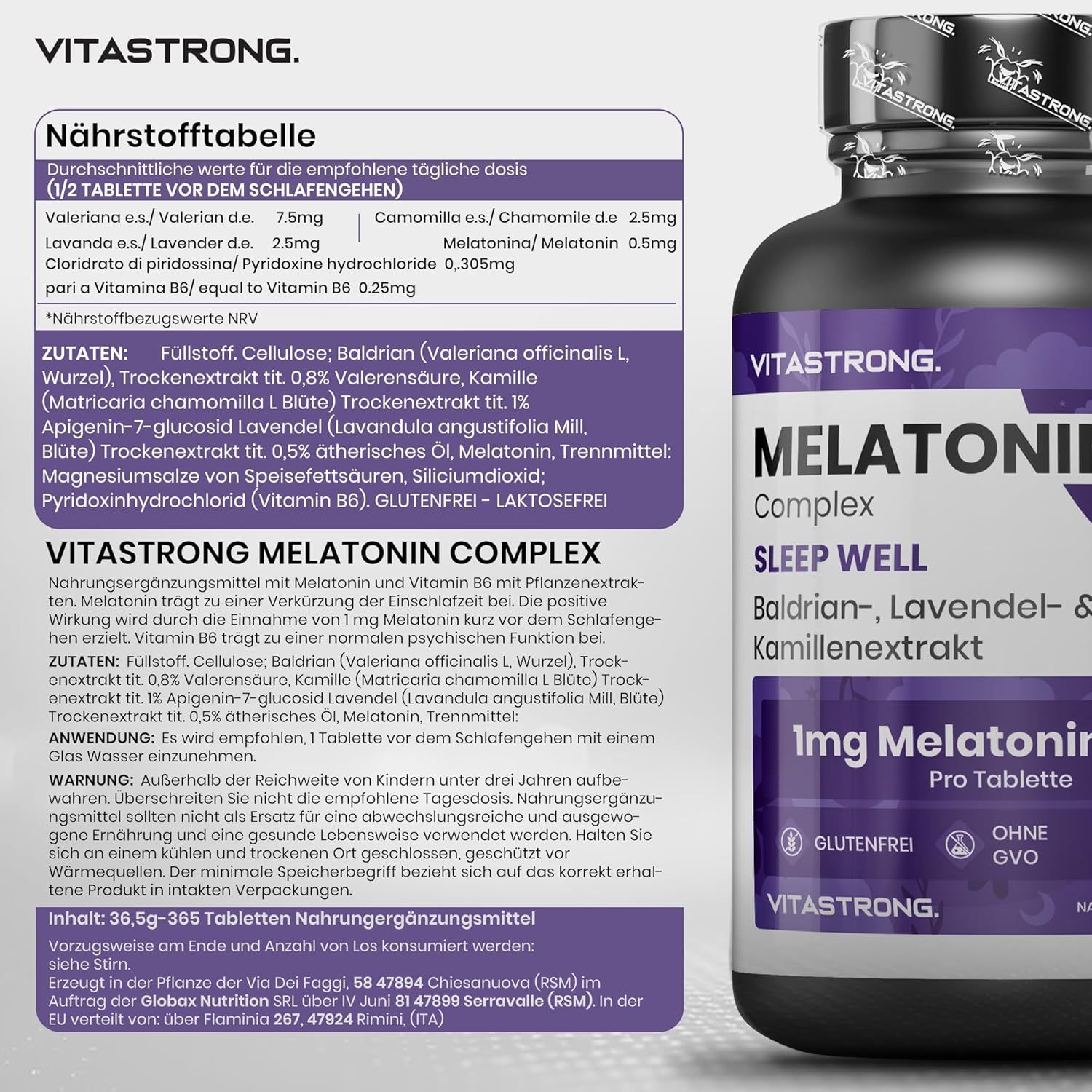 Nährwerttabelle und Inhaltsstoffe. Informationen zu Baldrian, Lavendel, Melatonin und Vitamin B6.