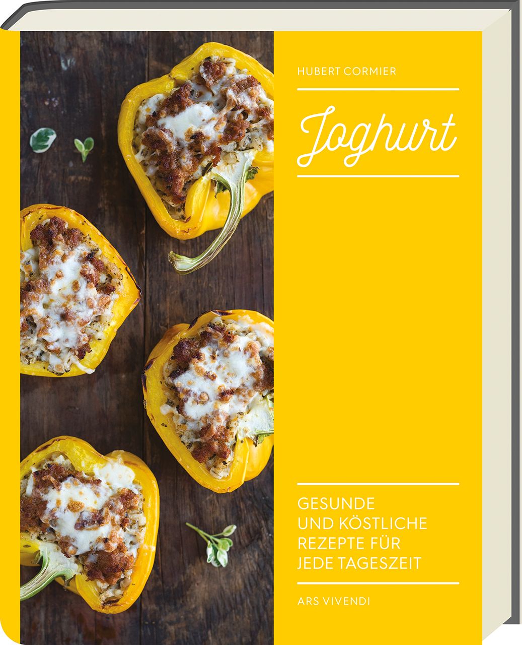 Buchcover mit gelbem Hintergrund und Rezepten. Titel: Joghurt. Autor: Hubert Cormier. Auf dem Cover sind gefüllte Paprika zu sehen.