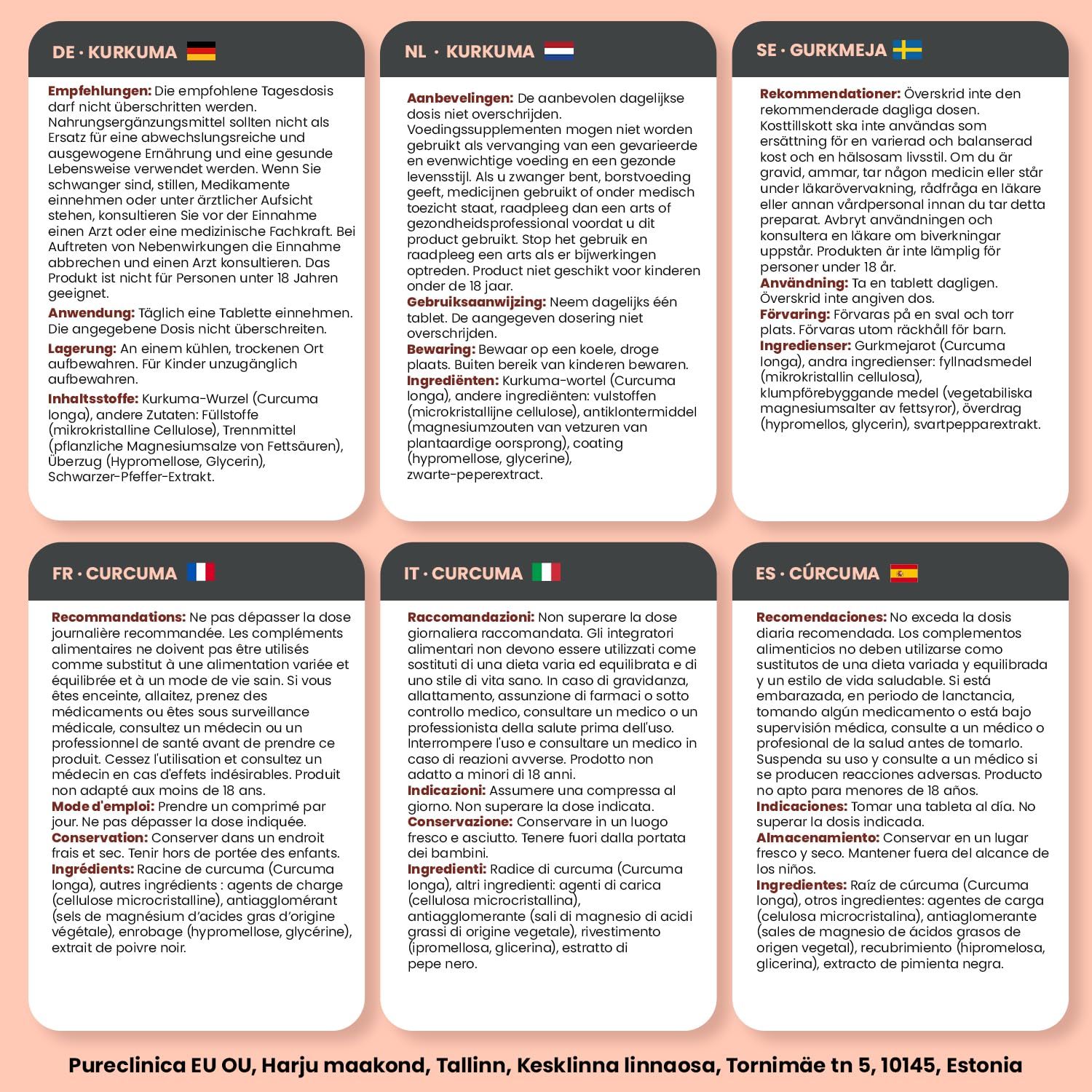 Mehrsprachige Informationen zu Kurkuma-Tabletten. Enthält Empfehlungen und Inhaltsstoffe in verschiedenen Sprachen.