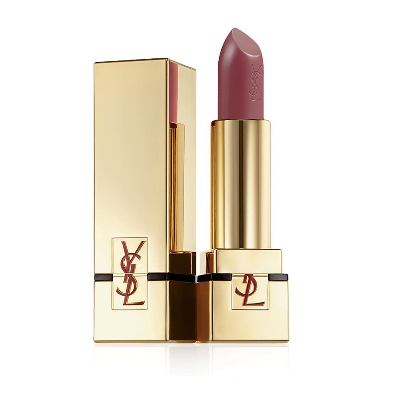 Goldfarbener Lippenstift von Yves Saint Laurent. Der Lippenstift ist teilweise ausgefahren. Das Logo ist auf dem Lippenstift und der Hülse zu sehen.