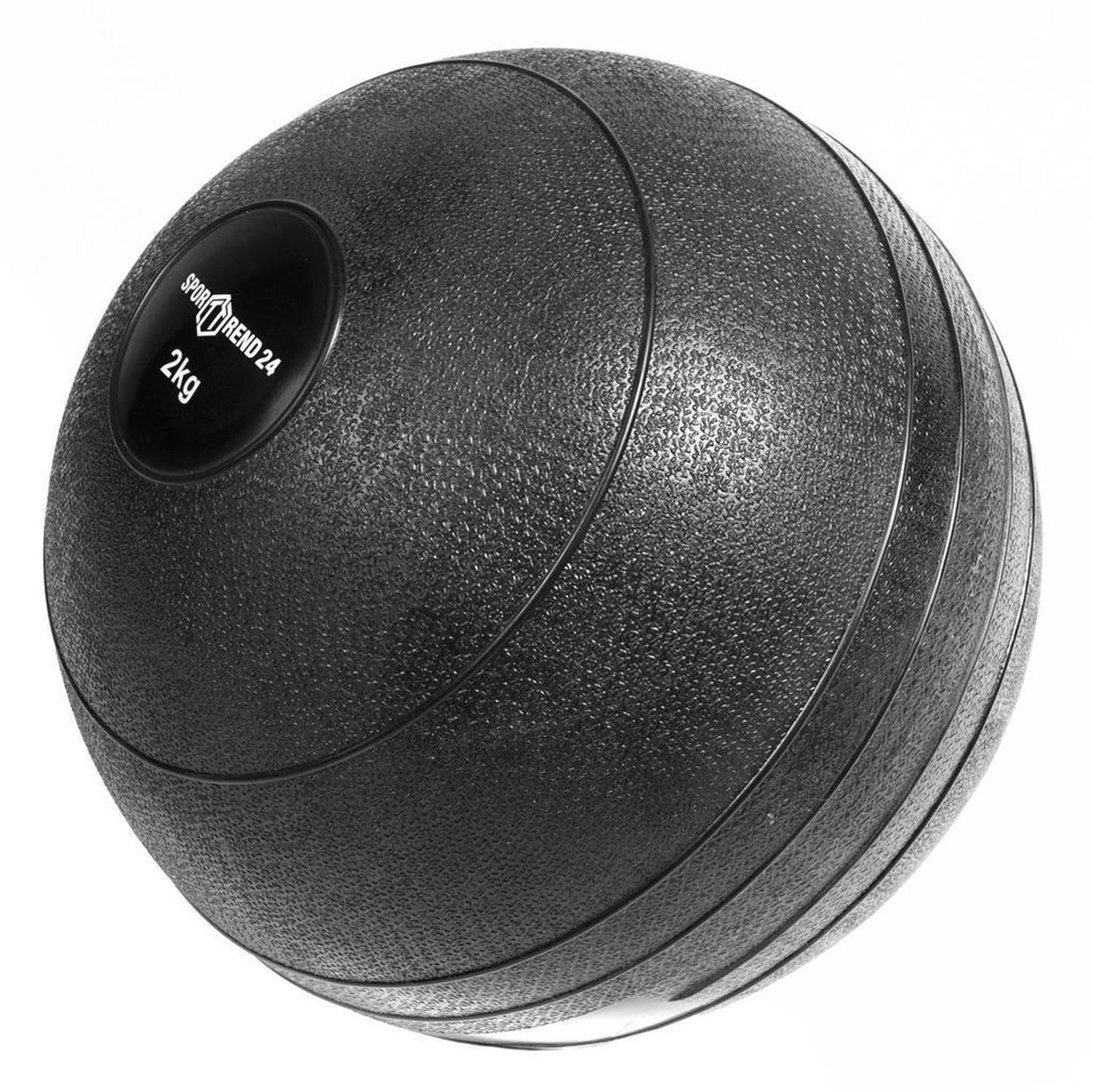 Schwarzer Sporttrend24 Slamball mit 2kg Gewicht. Runde Form, strukturierte Oberfläche, Logo auf der Oberseite.