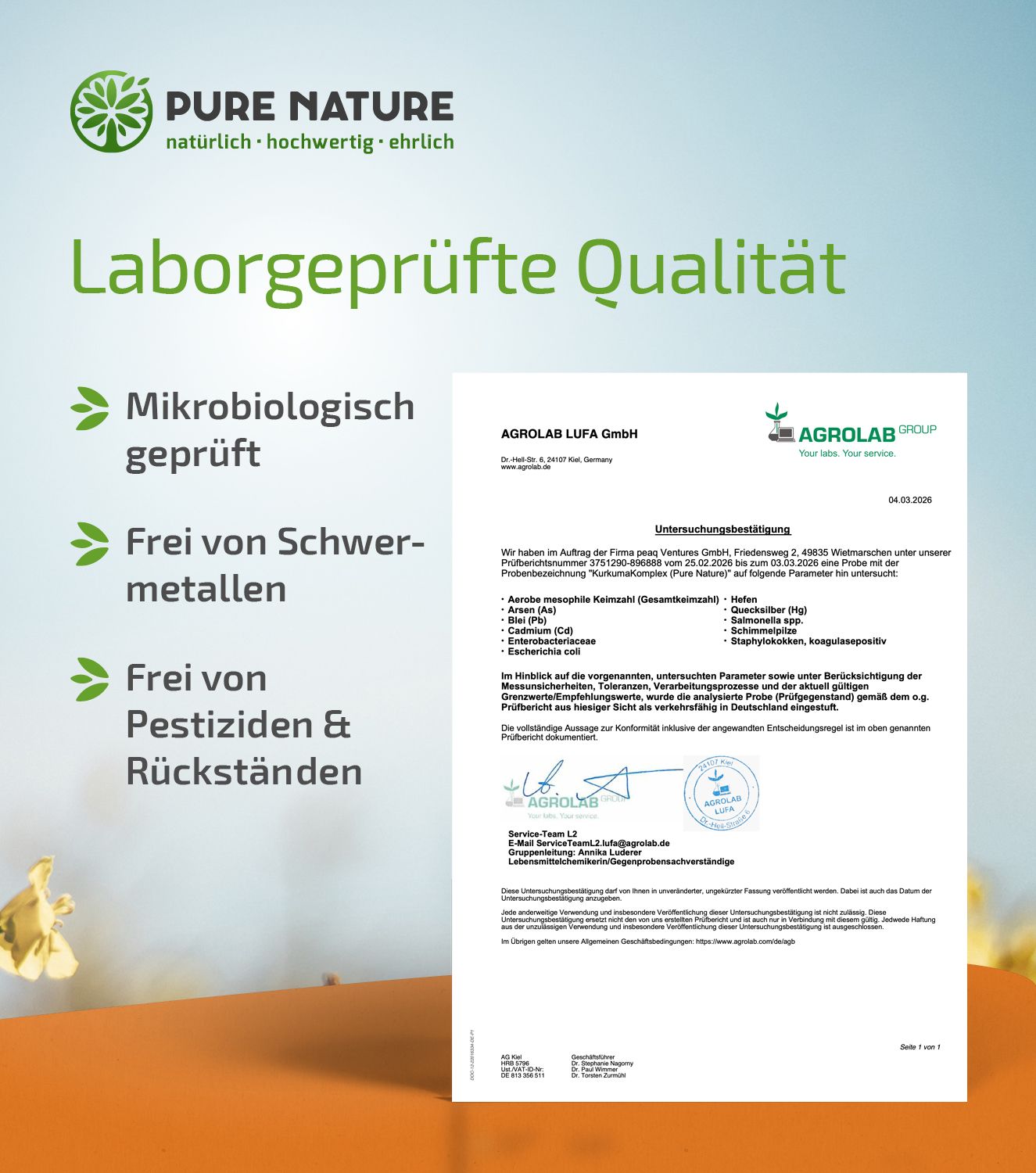 Laborbericht zur Überprüfung der Qualität von Pure Nature Kurkuma Komplex. "Mikrobiologisch geprüft", "Frei von Schwermetallen".