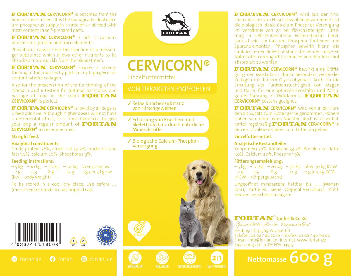 Etikett mit CERVICORN-Produktinformationen. Logo, Text, Abbildungen von Hund und Katze.