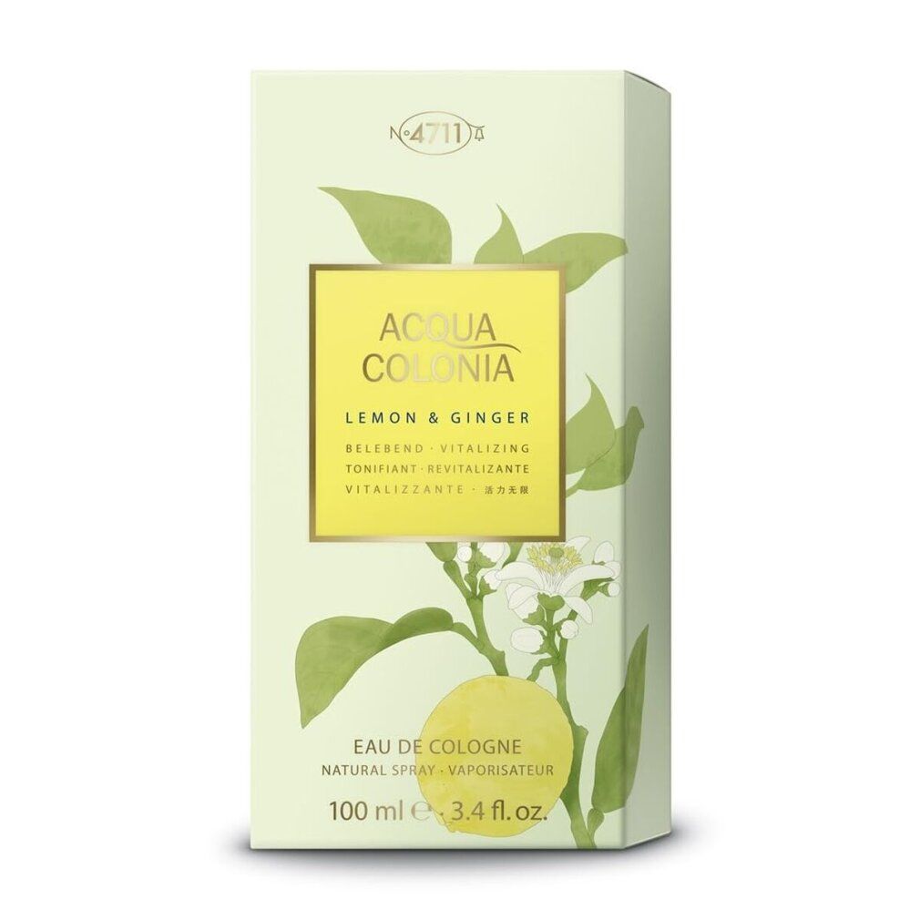 Verpackung mit gelbem Etikett und Aufschrift: Acqua Colonia Lemon & Ginger. Abbildung von Zitrone und Blättern.