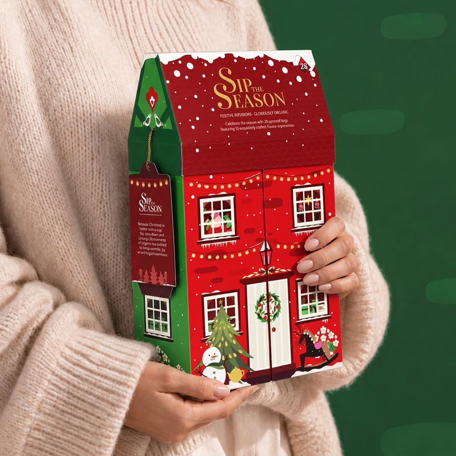Person hält einen Tee-Adventskalender in Hausform.