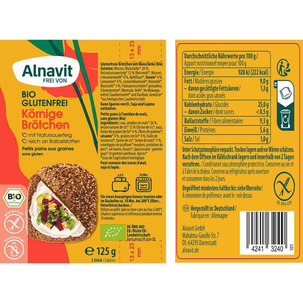 Verpackung mit glutenfreien Körnerbrötchen. Marke Alnavit, Bio-Siegel. Nährwertangaben und Haltbarkeitsdatum.