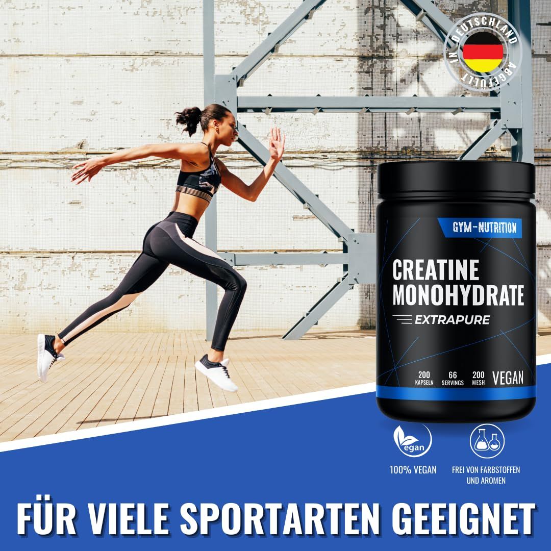 Läuferin vor blauem Hintergrund. Dose Creatine Monohydrate. Text: Für viele Sportarten geeignet. 100% Vegan, frei von Farb- und Aromastoffen.
