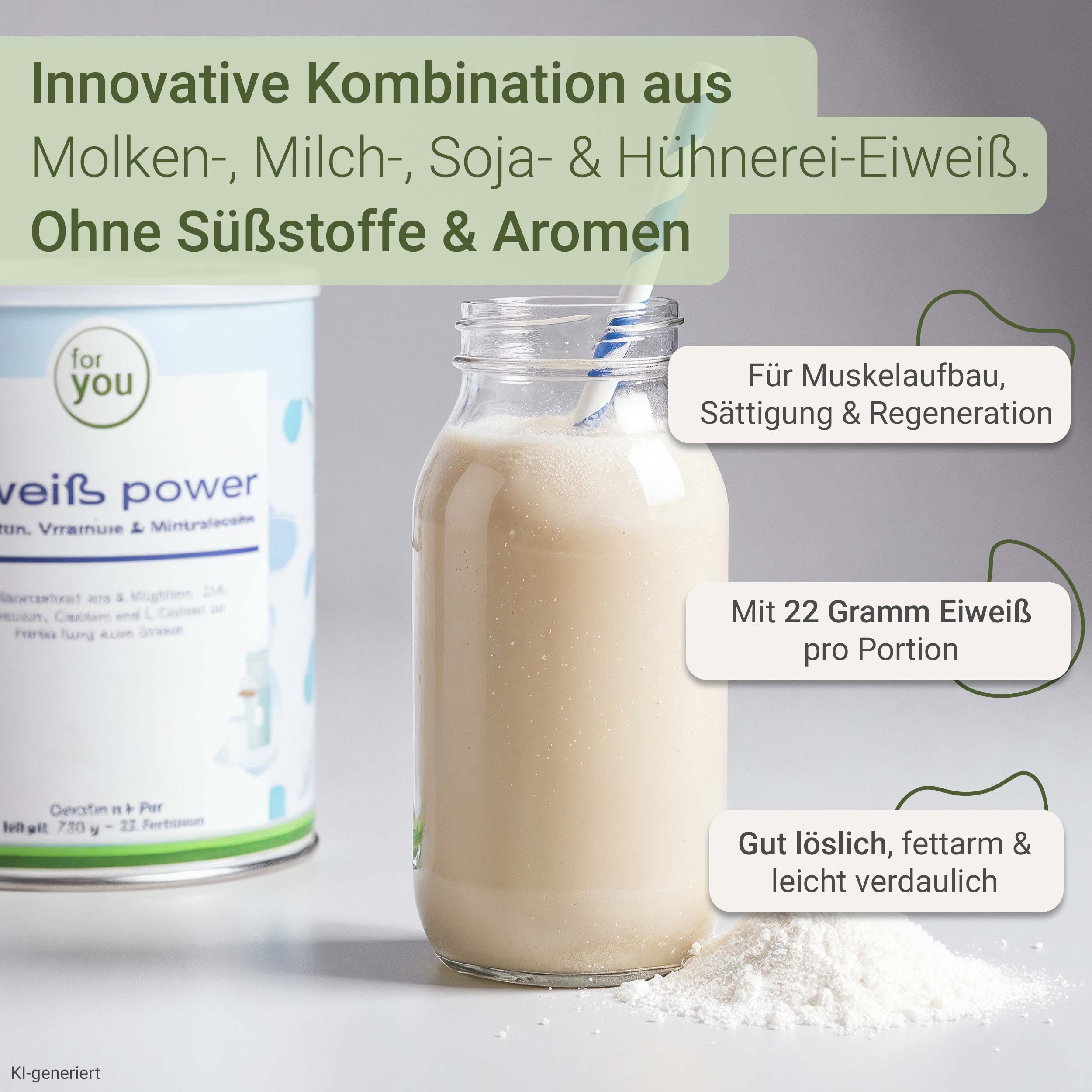 Pulver in Dose und ein Glas mit Proteinshake. Text: Innovative Kombination aus Molken-, Milch-, Soja- & Hühnereiweiß. Ohne Süßstoffe & Aromen.