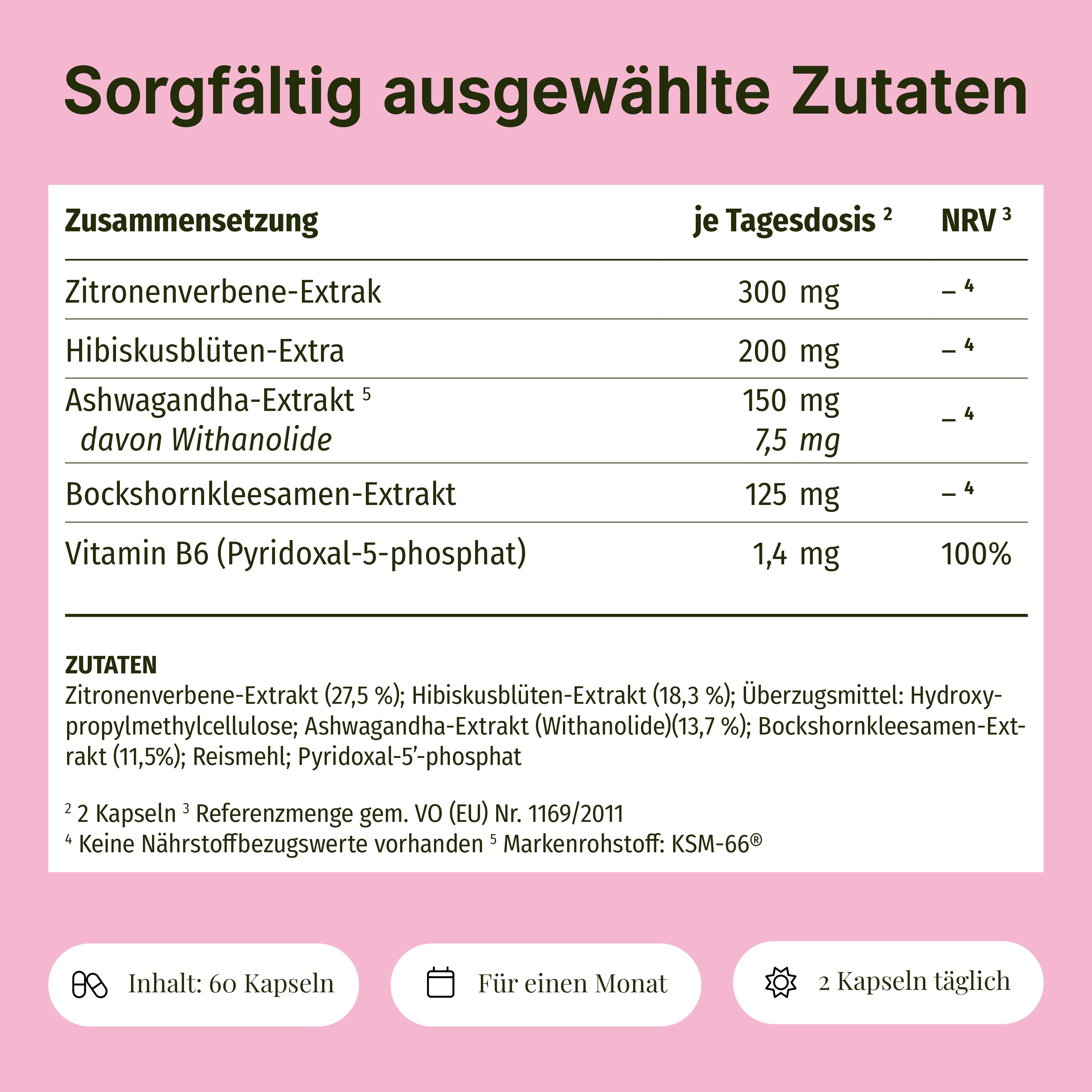 Tabellarische Auflistung von Inhaltsstoffen. Enthält: Zitronenverbenen-Extrakt, Hibiskusblüten-Extrakt, Ashwagandha-Extrakt, Bockshornkleesamen-Extrakt.