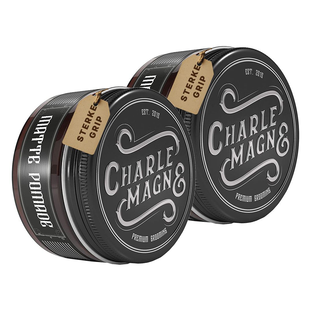 Drei Dosen mit "CHARLE MAGNE" und "MATTE POMADE" Etiketten, "STERKE GRIP" Anhänger.