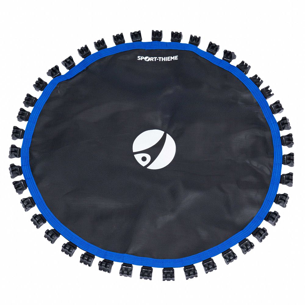 Schwarzes Trampolin-Sprungtuch mit blauem Rand und Logo. Runde Form, Befestigungsvorrichtungen.